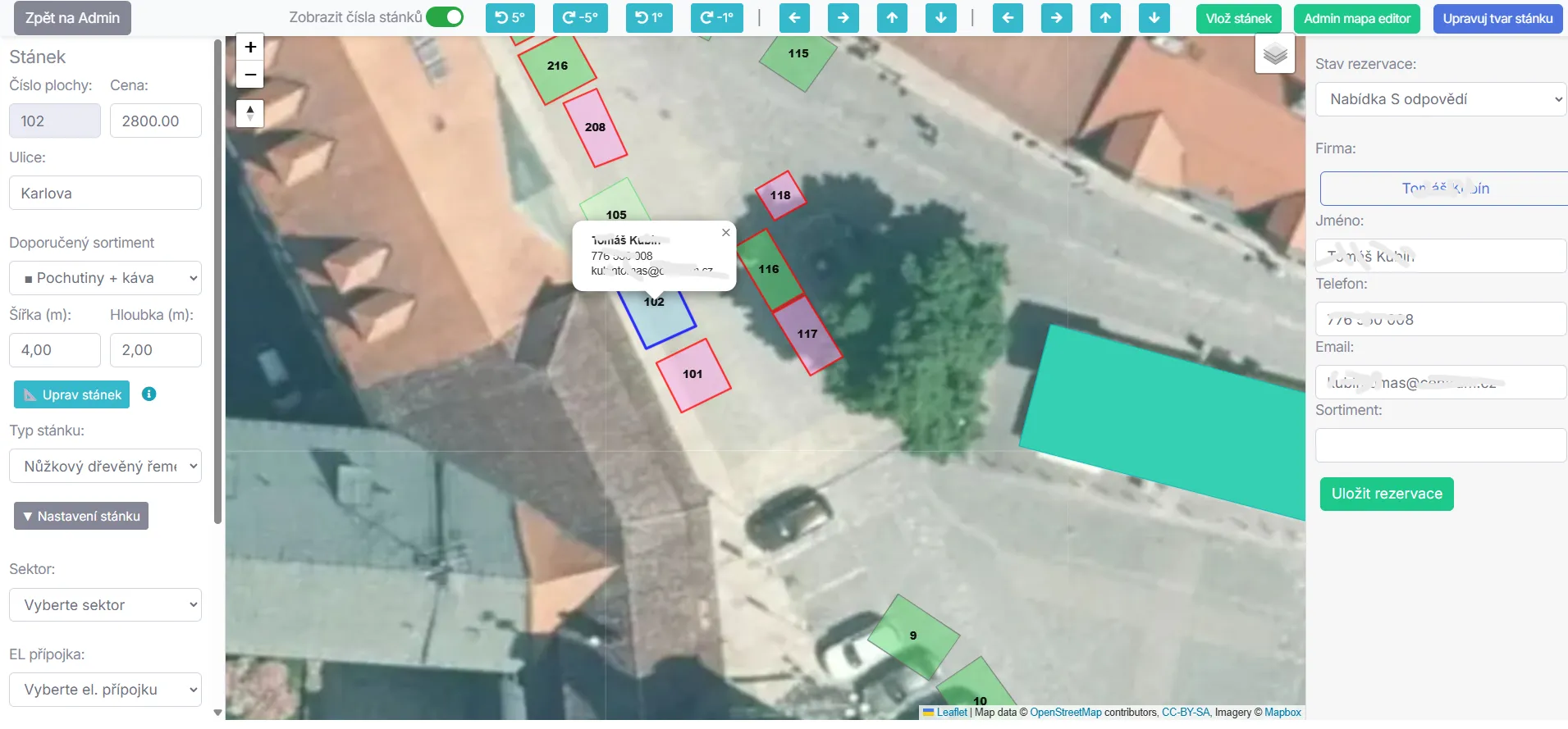 Editace rezervací na mapě